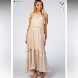 Beige Halter Neck Ruffle Trim Maternity Maxi Dress
